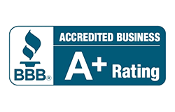 Logo showing BBB Accredited Business A+ Rating in white text on a blue background, with a torch symbol on the left.