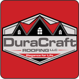 DuraCraft Roofing LLC logo with stylized house rooftops and the slogan Elegance for Life on a red background.