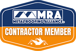 MRA Metal Roofing Alliance Contractor Member badge with blue and orange background and a house roof icon at the bottom.