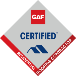 GAF Certified Residential Roofing Contractor logo featuring a red diamond, blue roof icon, and certification text.
