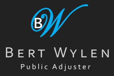 Logo for Bert Wylen Public Adjuster featuring stylized blue BW initials above the name in white and gray text on a dark background.