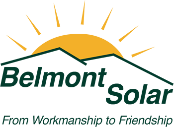 Belmont Solar logo with a stylized sun rising over roof outlines and the slogan From Workmanship to Friendship below.