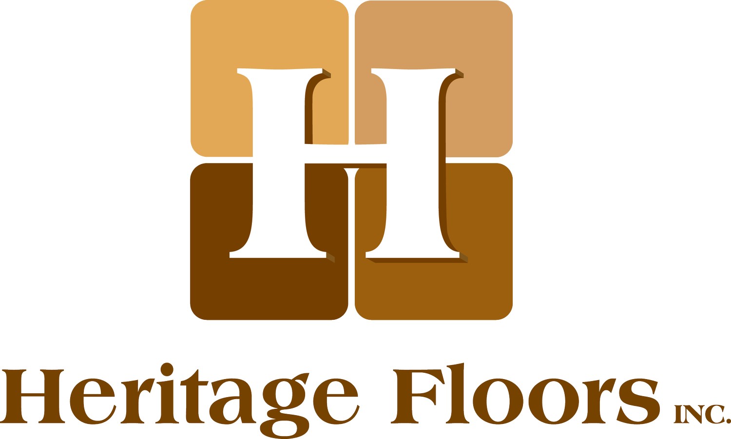 A logo with four brown-toned squares forming a background for a large white H, above the text Heritage Floors INC. in brown font.