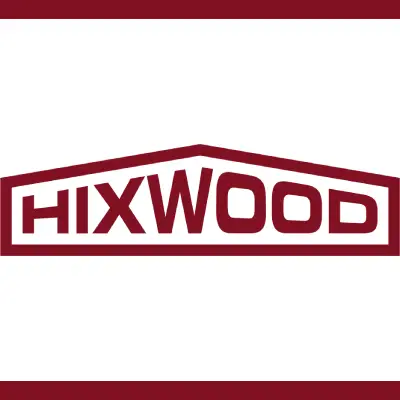 The image shows the Hixwood logo in maroon text, framed by a geometric outline resembling a roof or building structure.
