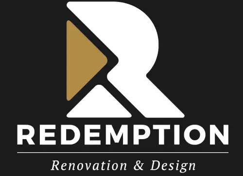 Logo for Redemption Renovation & Design featuring a stylized white R with a gold triangle on a black background. The business name and tagline appear below the logo.