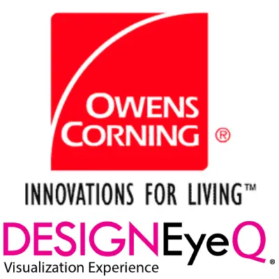 Owens Corning logo with the tagline Innovations for Living above the DESIGN EyeQ Visualization Experience text.